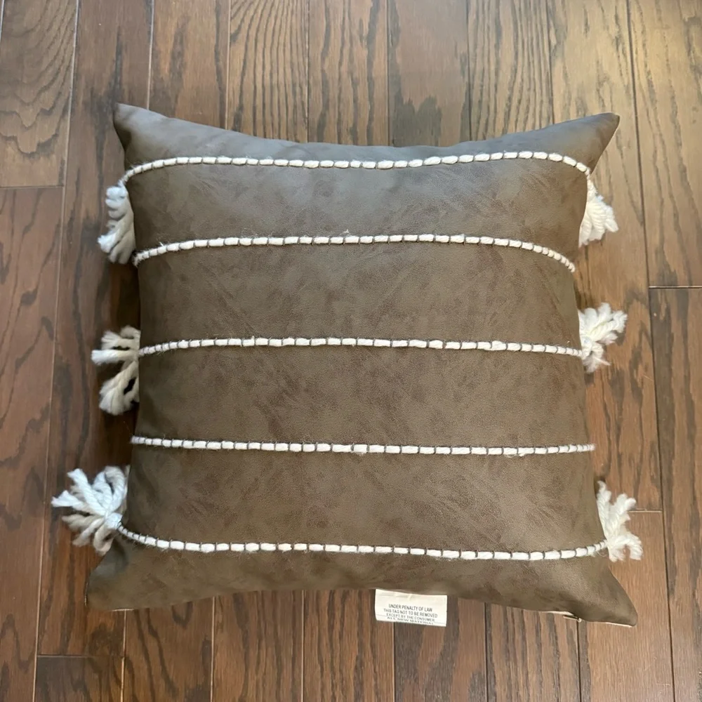 VILLA by CLASSIC HOME Vegan Leather Fringe Pillow Duck Feather Insert 18x18